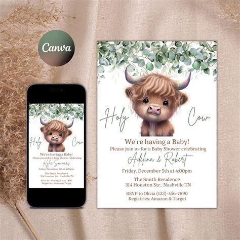 Boho Highland Cow Baby Shower Invitation Bundle Gender Neutral Cow Baby