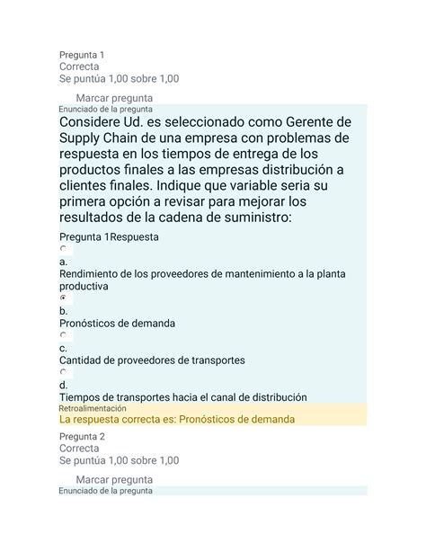 Examen SUP Gestion DE LA Cadena DE Sumimistro Pregunta 1 Correcta Se