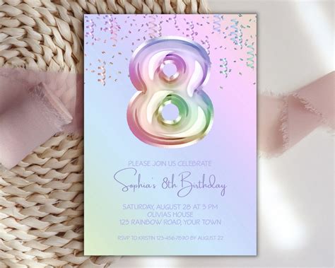 8th Birthday Invitation Editable Rainbow Holographic Girls Birthday