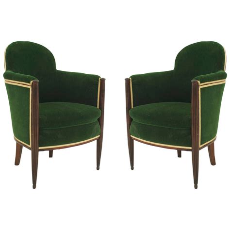 Pair Of French Art Deco Green Velvet Upholstered Mahogany Bergeres