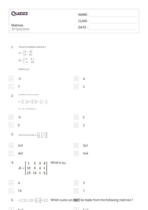 50 Matrices Worksheets On Quizizz Free Printable