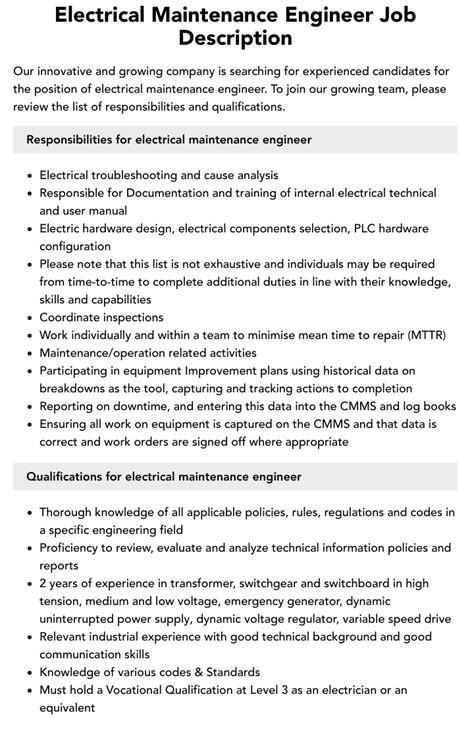 Roles And Responsibilities Of Electrical Maintenance Technician