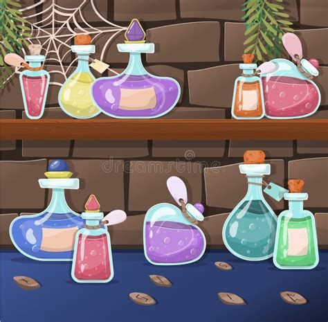 A Set Of Vector Magic Bottles And Flasks Colorful Magic Potions Stock Vector Illustration Of