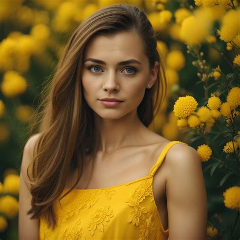 Premium Photo A Young Woman In Yellow Garden Ware Yellow Dress