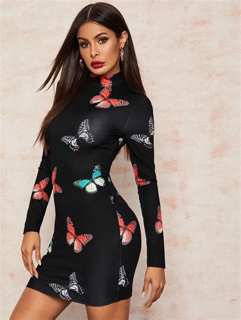 Mock Neck Butterfly Print Bodycon Dress Shein Usa Printed Bodycon