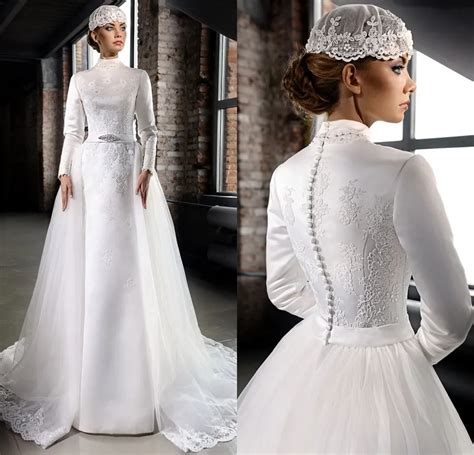 Exquisite High Neck Lace Applique Muslim Wedding Dress With Overskirt