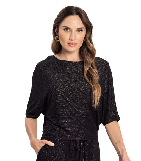 Blusa Feminina Lurex Detalhe Rovitex Preto Preto