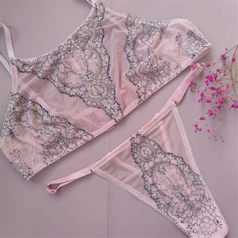 Lingerie See Through Transparent Mesh Set Romantic Sexy Sheer Pink Lingerie Set Etsy
