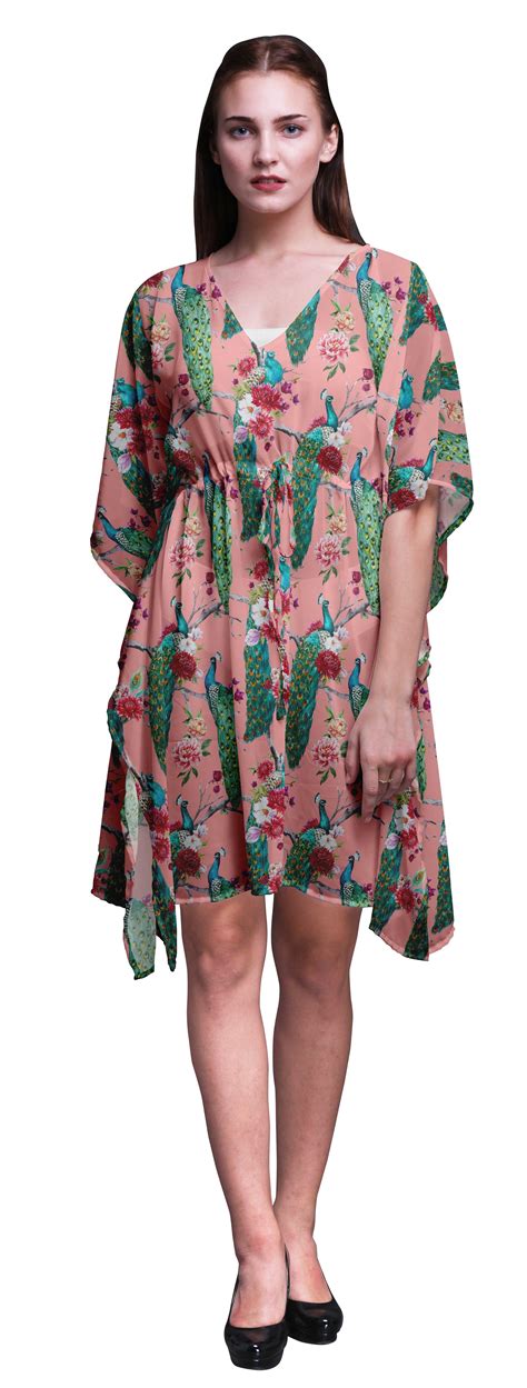 Bimba Peach Bird Floral Peacock Women S Short Beach Kaftan Beachwear Bikini Coverup Midi Dress