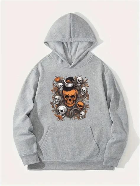 Skull Heads Print Kangaroo Pocket Hoodie Casual Long Sleeve Temu