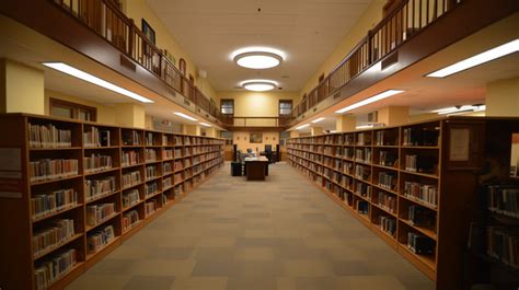 Large Library With Wooden Bookshelves And Wooden Floors With A Dark