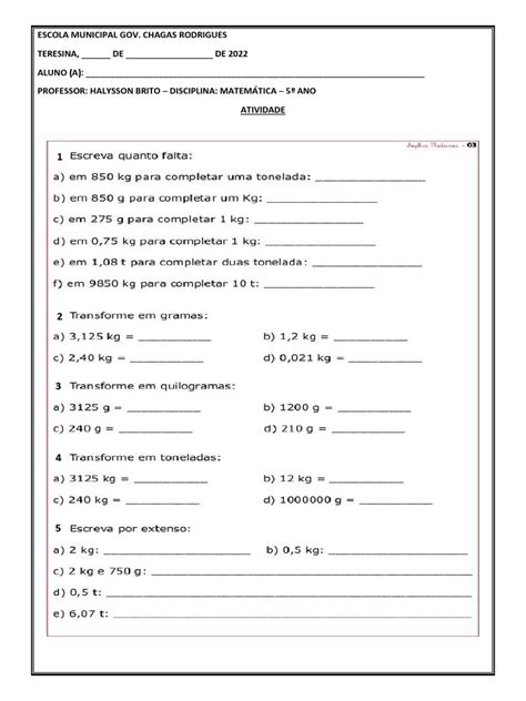 Atividade Sobre ConversÃo De Medidas De Massa Pdf