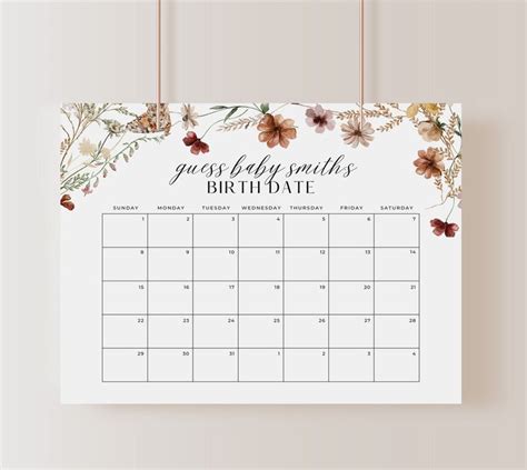 Guess Baby Due Date Calendar Sign Wildflower Guess The Birthday Baby