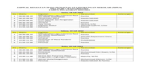 Jadwal Masa Pengenalan Lingkungan Sekolah MPLS T P 2022 2023 SMAS