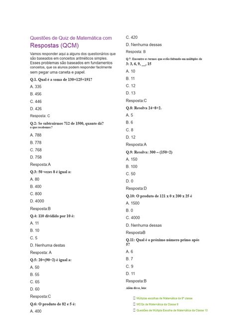 Perguntas E Respostas De Matematica - Quiz de Matemática: Perguntas e Respostas | PDF | Círculo | Aritmética