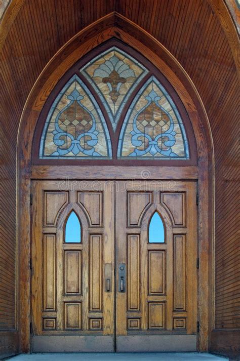 Photo About Set Of Gothic Wooden Church Doors With Stained Glass Windows Image Of Gothic