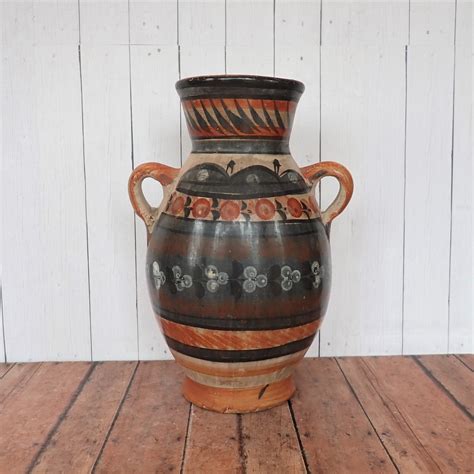 Vintage Tonala Burnished Vase Tan With Gray And Red Flower And Leaf