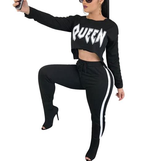 Womens Sweatsuits Set Two Piece Outfits Long Sleeve Crop Top High Wiast Pants Tracksuits Black