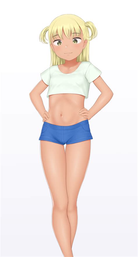 Safebooru 1girl Absurdres Blonde Hair Blue Shorts Hands On Hips Highres Midriff Navel Original