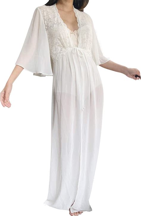 Womens Chiffon Robe Illusion Lace Trim Boudoir Robe Nightgown Bathrobe Bridal Lingerie Wedding