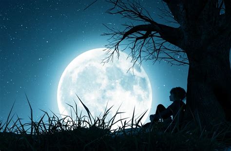 Lonely Girl Sitting Alone Under The Tree And Looking To The Moon 3d