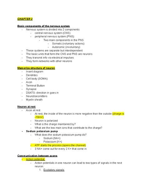 Chapter 2 Psychology Lecture Notes Chapter 2 Basic Components Of The Nervous System