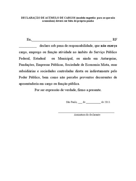 Declaracao De Nao Acumulo De Cargos Pdf