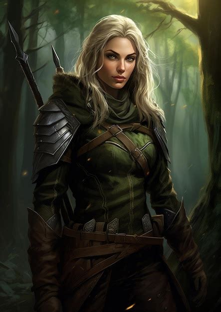 Premium Ai Image Blond Woman In Green Outfit Holding A Sword In A