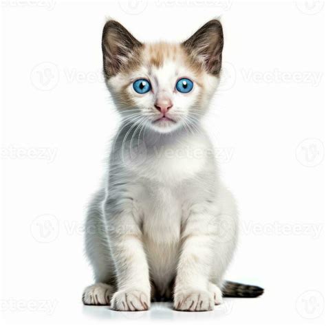 A White And Brown Kitten With Blue Eyes Sitting Down Generative Ai