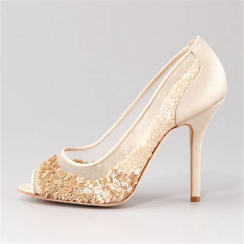 Ivory Sequin Wedding Shoes Peep Toe Summer Mesh Bridal Pumps Handmade