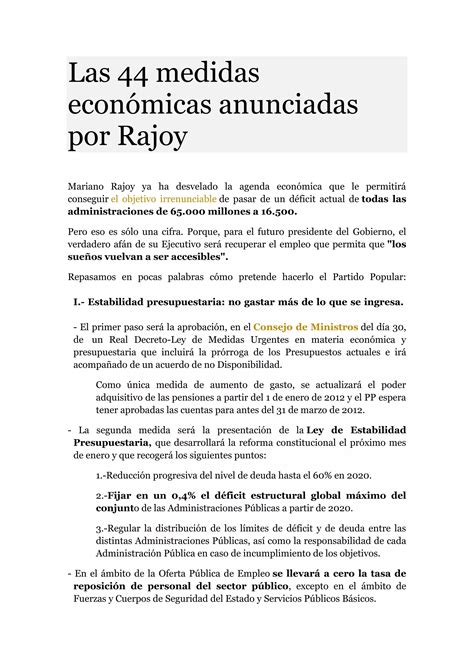 Las 44 medidas económicas anunciadas por rajoy PDF