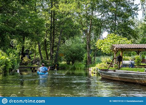 Boats On The Water Canal In Biosphere Reserve Spree Forest Spreewald In