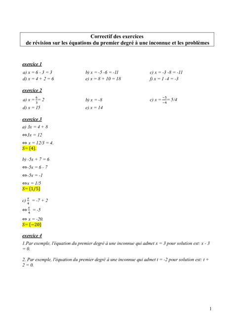 Equation Inconnue Du Ier Degr H M Exercices Corrections