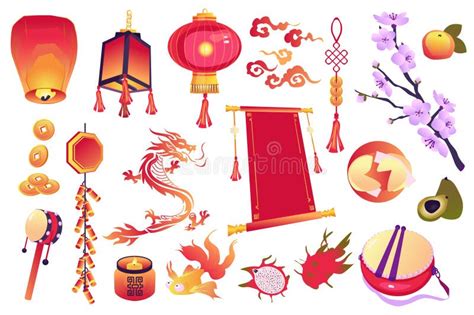 Chinese Culture Symbols Set Graphic Elements in Flat Design Stock Vector - Illustration of drum ...