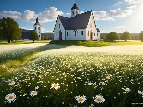 Premium Photo Country Church In Field Of Daisy Wildflowers