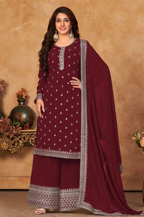 Costume Eid Sharara En Georgette Bordeaux Avec Broderie Ss