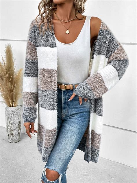 Shein Lune Colour Block Drop Shoulder Fluffy Knit Duster Cardigan