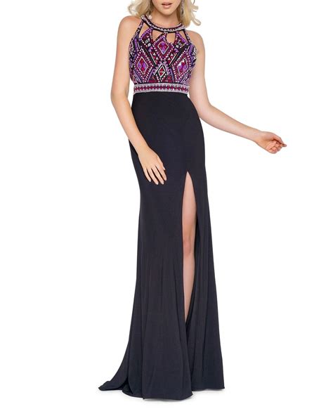 Mac Duggal Synthetic Aztec Beaded Open Back Jersey Halter Gown With