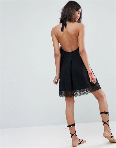 Asos Halter Neck Swing Sundress With Lace Trim Black Sundress Lace