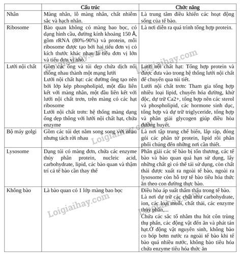 1 Lập bảng hệ thống cấu trúc và chức năng của các bào quan trong tế