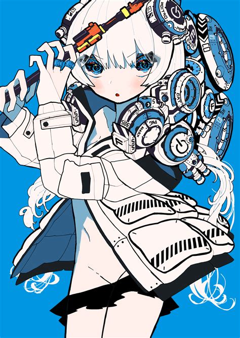 Safebooru 1girl Arms Up Blue Background Blue Eyes Blush Highres Jacket Jewelry Long Hair Long