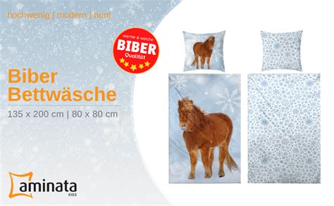 Aminata kids Bettwäsche 135x200 Kinder Pferde Biber Flanell Baumwolle