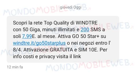 WINDTRE GO 50 Star 50 Giga Minuti Illimitati E 200 SMS A 7 99 Euro