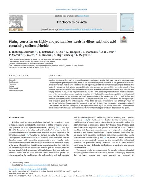 Pdf Pitting Corrosion On Highly Alloyed Stainless Steels In Dilute