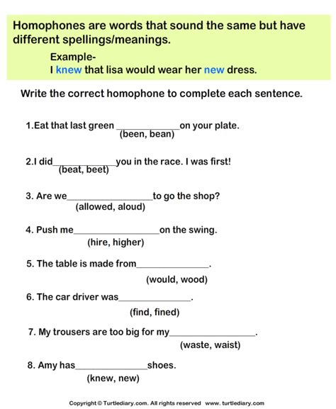 Choose The Homophone For Each Sentence Turtle Diary Worksheet