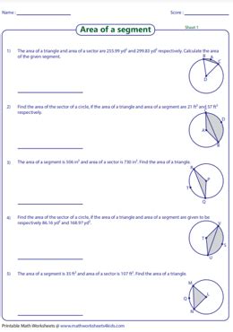 Area of Segment Worksheets