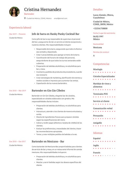 Currículum para bartender Crea tu CV GRATIS 18 plantillas