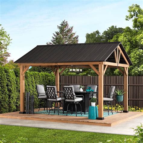 Sunjoy Outdoor Patio 11×13 Black Wooden Frame Gable Roof Backyard Hardtop Gazebo Pavilion With