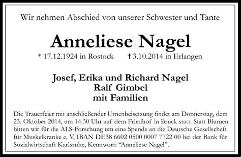 Traueranzeigen Von Anneliese Nagel Trauer Nn De