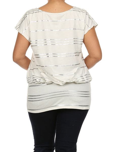 Plus Size Silver Foil Striped Drop Waist White Top